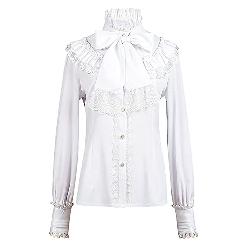 Blusa victoriana gótica con lazo y cuello alto medieval de encaje para mujer