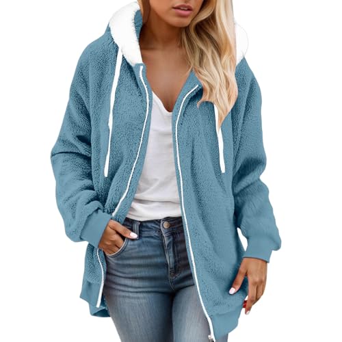 Generisch Chaqueta de forro polar suave con cremallera para mujer como ropa de invierno forrada acogedora, ropa de ocio cálida y ligera con prácticos bolsillos, azul, 5XL