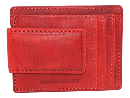 MARSHAL Genuine Hunter Leather Money Clip Front Pocket ID Wallet Strong Magnet (Red)