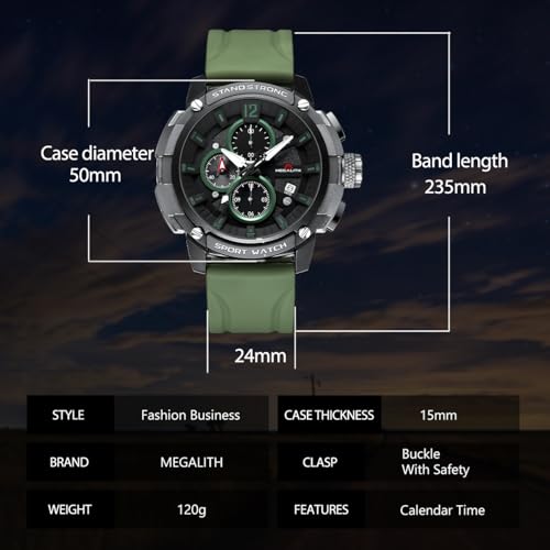 Image of MEGALITH Heavy Duty Watches for Men: Sport Military Analog Wrist Watch | 1 /10 Sec Chronograph, Large Face, Silicone, Waterproof Luminous, Black Everyday Watch, Work Outdoor,Gifts for Husband Father