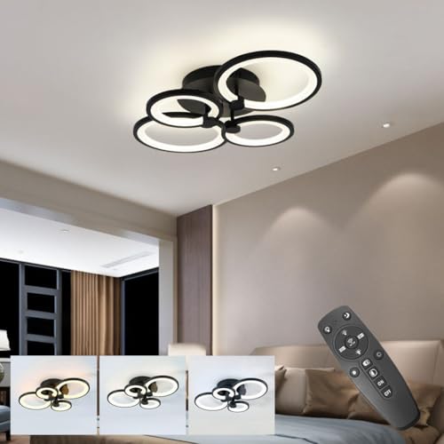 Image of ELEPHANTBOAT 36W Dimmable Chandelier Lights for Ceiling, 3-Color Round LED Ceiling Lights with Remote Control, Flush Mount Fancy Lights Fixture with 4 Rings for Living Room, Bedroom (2800-6000k)