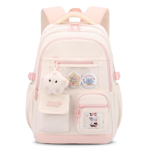 Tanou Mochila Escolar para Niñas, Mochilas Adolescentes Chica de Gran Capacidad en Poliéster, Bolsa Casual Moderna para Colegio y Instituto Niña con Colgante Estrella, Rosa