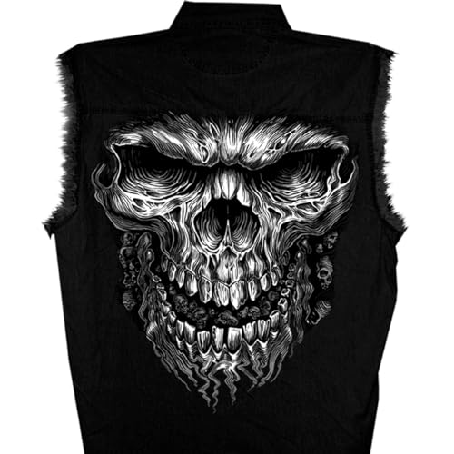 Hot Leathers GMD5237 Mens 'Shredder Skull' Black Sleeveless Denim Shirt - Large