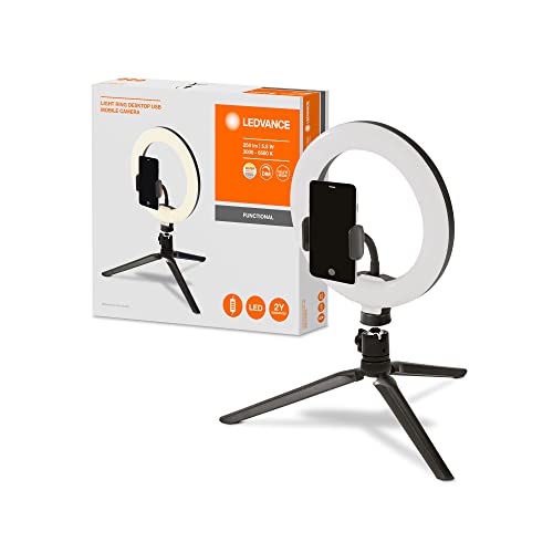 Ledvance LED Ringlicht mit Stativ 190mm mit USB Anschluss, 72 LEDs dimmbar, 3000-5800k, 10W-400-500 Lm, 190mm, Ringleuchte für Handy, Makeup, Fotografie...