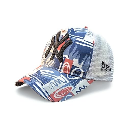 Image of Cotton Net Trucker Cap, Abstract Print, Blue and Red Pattern, Mesh Back