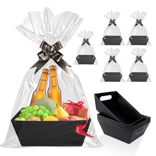 Panier cadeau vide avec grand sac transparent de fête et nœud papillon x5