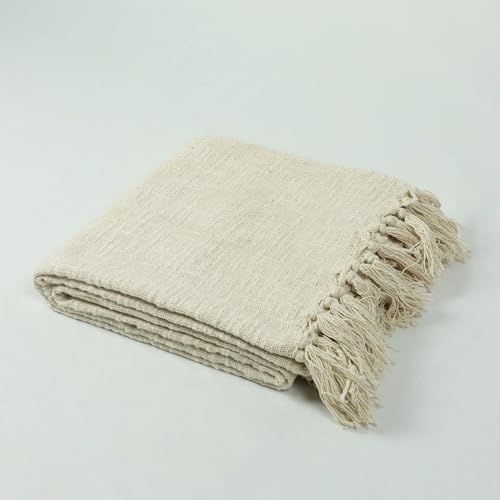 Image of Handwoven 100% Pure Cotton Throw Blanket - 50x60 Inch Soft Sofa Throw for Couch, Bed & Living Room - Lightweight Natural Off White Farmhouse Blanket - Boho Decor, Blanket for Travling (Cream)