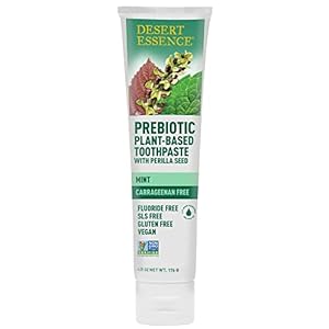 Desert Essence Prebiotic Plant-Based Whitening Toothpaste – Mint – Oral Care with Inulin, Perilla Seed & Aloe – Vegan, Fluoride Free, Non-GMO, Gluten-Free, Cruelty-Free – 6.25 oz
