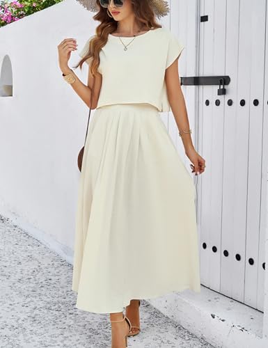 Image of HangNiFang Summer Skirt Sets Women 2 Piece Outfits Cap Sleeve Top Elastic Waist Maxi Dress Sets with Pockets
