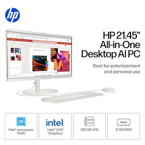 Image of HP 21.5 inch All-in-One Desktop Computer, Quad-Core Intel N100, Intel UHD Graphics, Business Desktop, 8GB DDR5 RAM | 128GB UFS, WiFi 6, Copilot AI, RJ45, Windows 11 Pro w /KB & Mouse - Cashmere White
