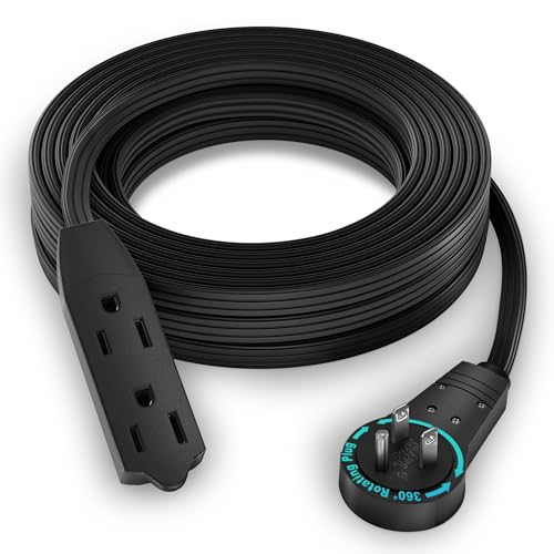 Maximm Cable 20 Ft 360 Rotating Flat Plug Extension Cord 16/3 AWG Multi 3 Outlet 3-Prong Grounded Wire- Black - UL Certified