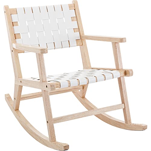 Lzareal Woven Rocking Glider Chair For Relax, Rocker Chair For Living Room/Bedroom/Balcony, Modern Solid Swivel Patio Chairs Wood Side Rocker Chair With Faux Leather Straps, White #TOP24