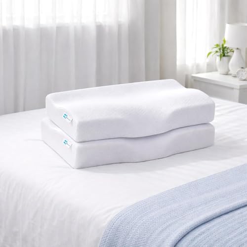 Image of CalmNest Anti-snoring Cervical 100% Memory Foam Pillow for Neck Pain & Shoulder Pain| Sleeping Pillow for Spondylitis Neck| Orthopaedic Ergonomic [2 x 19 White Foam & Blue Cover]