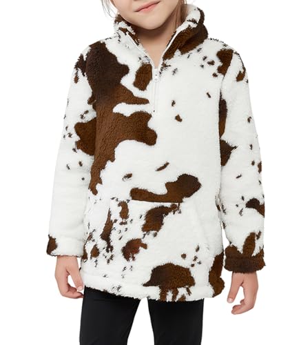 Girls Cow Print Pullover Quarter-Zip Sherpa Fleece Jackets Casual Fuzzy Outwear Coat with Pockets