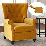 Mid Century Modern Recliner for Bedroom,Velvet Push Back Recliner Chair for Adults,Luxury Wingback Recliner Chair with Curved Arms,Lay Flat Recliner with Adjustable Backrest & Footrest (Yellow)
