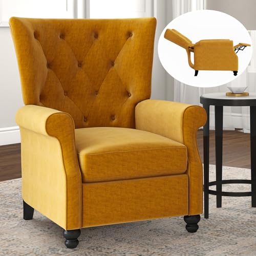 Mid Century Modern Recliner for Bedroom,Velvet Push Back Recliner Chair for Adults,Luxury Wingback Recliner Chair with Curved Arms,Lay Flat Recliner with Adjustable Backrest & Footrest (Yellow)