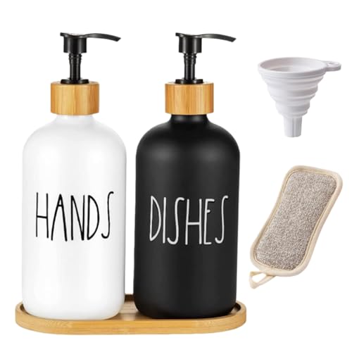 Paquete de 2 botellas dispensadoras de jabón de vidrio, botella dispensadora de jabón de vidrio con bomba, con bandeja, dispensador de jabón de manos recargable, para cocina o baño, artículos