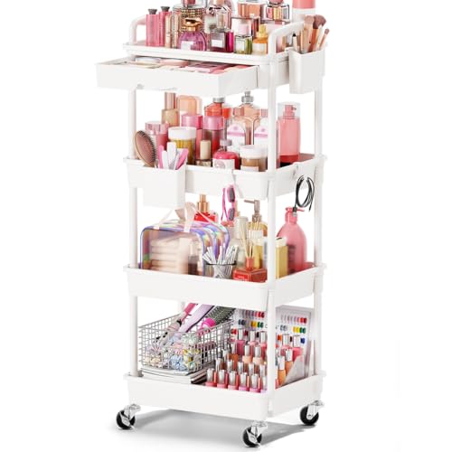 Image of Goovilla Rolling Makeup Organizer Cart with Removable Drawer, 4 Tier Stable White Floor Skincare Storage Cart for Vanity, Cosmetic Display, Nail Polish, Perfume, Hair Stuff, Beauty, Bathroom(Plastic)
