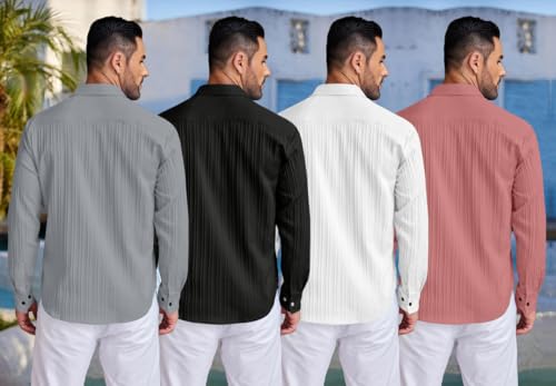 Image of FINIVO FASHION Combo of Men's Casual Cotton Plain Button Down Shirt Long Sleeve Textured Summer Beach Shirt for Men Pack of 4