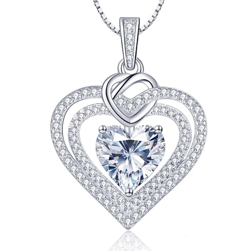 Moissanite Heart Pendant Necklaces for Women, 1-3 Carats Moissanite Sterling Silver Gold Plating Necklace Engraved with 'I LOVE YOU', Ideal Anniversary Present or Birthday Christmas Valentine Engagements Mothers Day Jewelry Gifts for Mom Wife Her Girlfriend