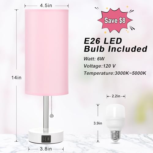 Hong-in Pink Bedside Lamp - 3 Color Modes, Small Lamp with USB-C and USB-A Charging Ports, Pull Chain, Nightstand Light for Bedroom, Office, Kids Room (Bulb Included) - Image 6