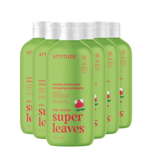 ATTITUDE Shampoo and Body Wash for Kids, EWG Verified, Dermatologically Tested, Plant- and Mineral-Based Ingredients, Vegan and Cruelty-Free, Watermelon and Coco, 16 Fl Oz (Pack of 6)