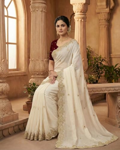 Image of Handcrafted Floral Embroidered Saree with Contrast Blouse