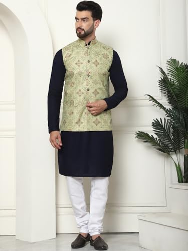 Image of SOJANYA (Since 1958 Men's Cotton Linen Maroon Kurta and White Pyjama with Mustard Cotton Nehru Jacket