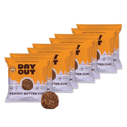 Day Out Protein Snack Balls - Peanut Butter Cup 8 Pack Snack Bites - Gluten-Free, Dairy-Free, Vegan Treat - Convenient Ready to Eat Healthy Dessert Energy Bites - Includes 8 x 2oz Packs (16oz Total) - 12g Protein