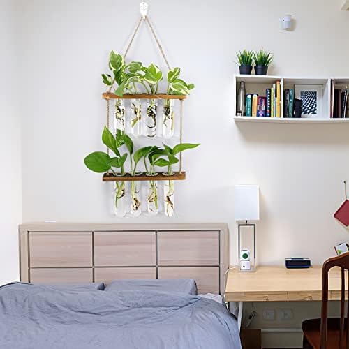 Coikes Propagation Station, Wall Hanging Test Tube Vase with Wooden Stand & Strings Rope, Glass Planter Plant Terrarium for Hydroponic Plants Home Garden Indoor Decor (8PCS)