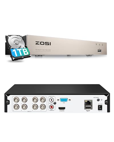 ZOSI 8CH H.265+ 1080P Surveillance DVR Recorder with 1TB Hard Drive Motion Detection Email Alert QR Code Scan Quick Remote Access View Security Camera System, w/1TB HDD 8CH DVR w/1TB HDD