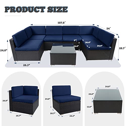 Solaura 7-Piece Patio Conversation Set Outdoor Sectional Sofa, All Weather Wicker Outdoor Furniture Set With Glass Coffee Table, Navy Blue Cushion #TOP5