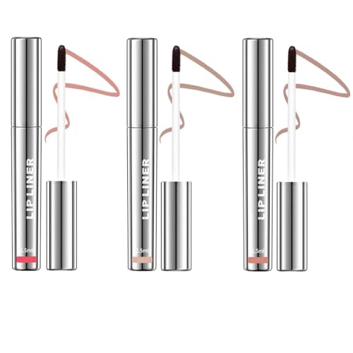 Liquid Lip Liner Set, Metallic Silver Tubes, Fine-Tipped Brush, in Red, Nude, Terracotta - Long-Lasting, Waterproof, Smudge-Proof & Highly Pigmented Matte Lip Tint for Precise Definition, Contouring,