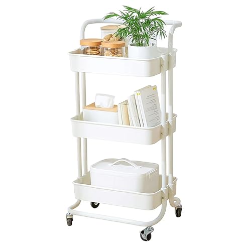 Sulfar 3-Tier Rolling Utility Cart, Storage Organizer Carts Shelves, Multifunction Storage Trolley, Craft Roller with Lockable Wheels,Easy Assembly for Bathroom,Kitchen,Office 85x45x35cm (White)