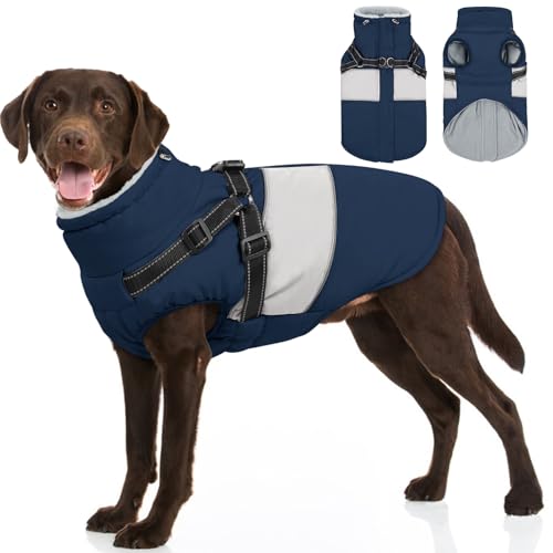 Image of Dog Jacket, Large Dog Coat with Harness Built in, Warm Pet Winter Jacket Zippered Snow Coat with Furry Collar, Waterproof Fleece Snowsuit for French Bulldog, Navy Blue L