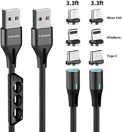 P-TECHUK Fast Charging 360° Magnetic 3 in 1 Cable, Magnetic Charging Cable, Magnetic Cable, Universal magnetic charger cable. (2 x 1M cable, 6 tips, 1 x tip holder) A2P