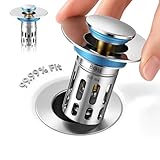 (All Metallic) Bathroom Sink Plug, Pop-up Drain for Bathroom Sink, Sink Plug Hair Collector, Silent Popper Core with Removable Stainless Steel Filter Basket (Silver Polished, 1 Pack)