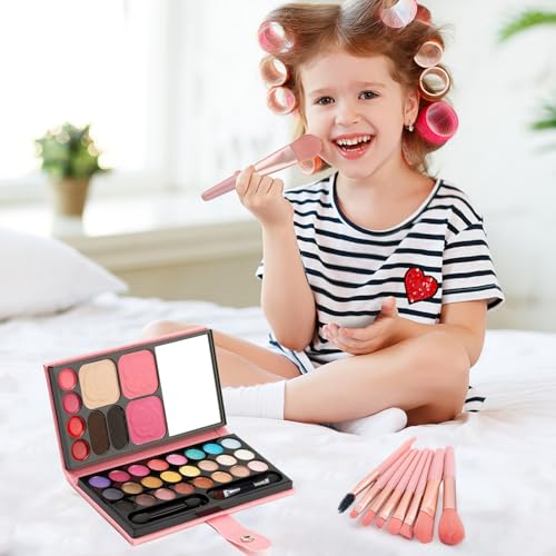 Kinderschminke Set Mädchen, Make-up-Set für Kinder, 33 Farben, Kinder Lidschatten mit 8 Pinsel, Kosmetik Spielzeug Geschenk für Bühne, Halloween, Party, Geburtstag A