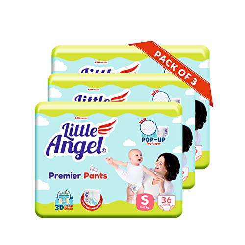 Image of Little Angel Premier Pants Baby Diaper, Small (S) Size, 108 Count, Cottony Soft Material, Wetness Indicator, Breathable Layer, Extra Dry Core, Stretchable Sides, Pack of 3, 36 count /pack, 5-8 kgs