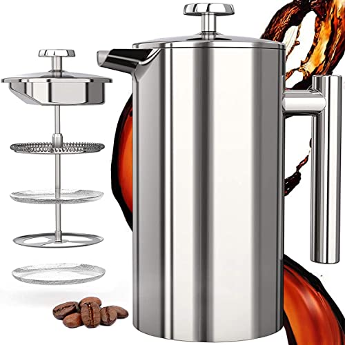 Cafetera Cafetera de Prensa de 1L, Tetera de Doble Pared con Acero Inoxidable, Cuchara Medidora, 2 Filtros para el Hogar y la Oficina Cover