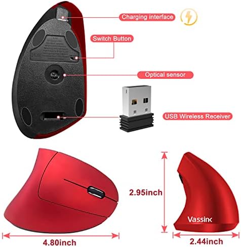 Vassink Ergonomic Mouse Wireless Mouse Rechargeable Vertical Optical Mice with USB Receiver, 6 Buttons 2.4GHz Adjustable DPI 800/1200/1600 for PC Computer,Laptop,etc (Red)