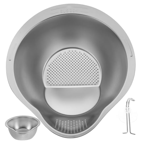 QUMIIRITY 大容量ステンレス製野菜洗いバスケット 食品水切りかご 多機能キッチン用洗米ざる フルーツ野菜兼用斜口洗浄盆 家用丈夫で変形防