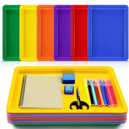 Mifoci 12 Pack Large Plastic Art Trays 16x12x1 Inch Stackable Kids Activity Craft Trays Sensory Serving Organizer for School Classroom DIY Project Jewelry Sorting Sand Painting Supplies,6 Color