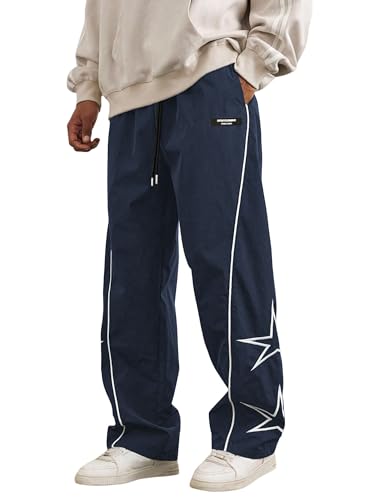 ZAFUL Mens Printed Lightweight Casual Pants Y2K Sweatpants Drawstring Dance Pants Baggy Fashion Straight Leg Pants 1-Star Navy S