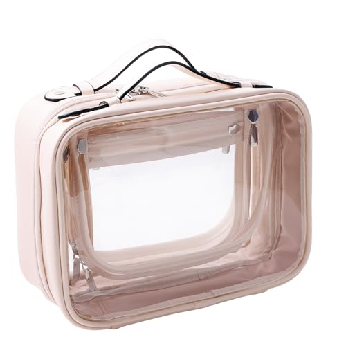 SANHECUN traveling toiletry Case large clear cosmetics case makeup bag Dimensions | LxWxH:10” x 4.5” x 7.5”(Beige, Medium)