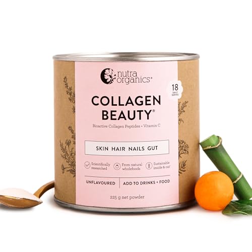 Nutra Organics Collagen Beauty Unflavoured 225 g | Anti-Aging Collagen Peptides and Vitamin C | Collagen Powder for Hair Growth, Nail Strength, Skin Elasticity and Gut Wellbeing (18 Serves)