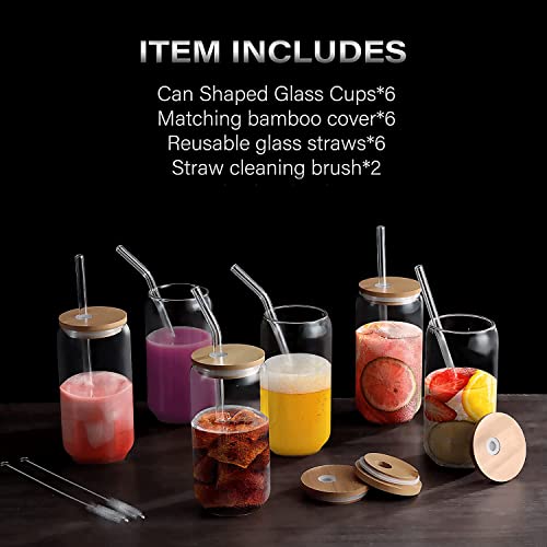 Flhivsa Drinking Glasses 6Pcs Set -20Oz Glass Cups Beer Can Shaped Glass Cups Tumbler Cup &With Bamboo Lids And Glass Straw&For Soda Cocktail Whiskey Iced Coffee Iced Tea Wine Cups #TOP6