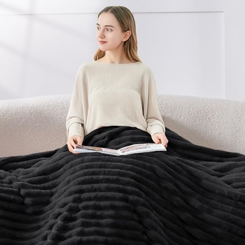 Image of BEDELITE Ribbed Twin Blanket for Couch & Bed, Black, 60 inchx80 inch