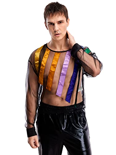 Wdirara Men's Rainbow Striped Sheer Mesh See Through Long Sleeve Crewneck Party Sexy Tops Black M #TOP21