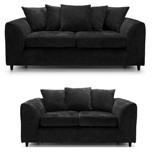 Furniture 786 Black Seater Sofa - Alaska 3+2 Scattered Back Sofa - 3 Seater Corner Sofa Set - Supreme Comfort 3 2 Seater Suites - Comfy Settee Black Sofas for Living Room Lounge Indoors
